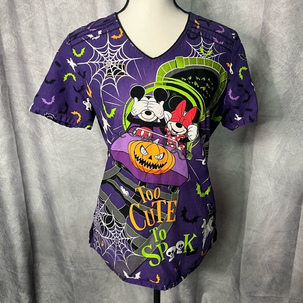 Disney Mickey & Minnie Mouse Halloween Too Cute To Spook Purple Scrubbing Top - Picture 2 of 13